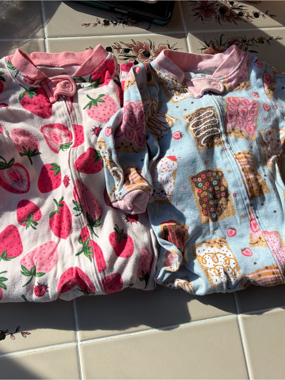 SET OF 2 Kids Footie One-Piece Pajamas in Pink Strawberry & Blue Dessert Prints